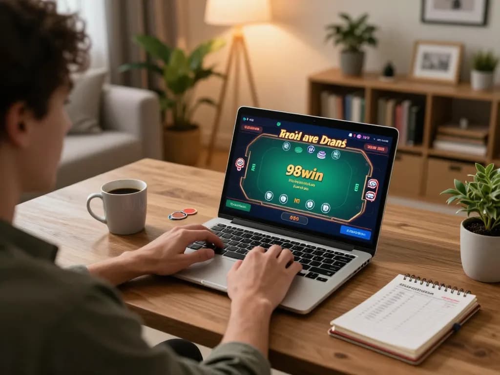 Engaging in online casino gameplay at 98win on a cozy home setup with a laptop and strategic notes.