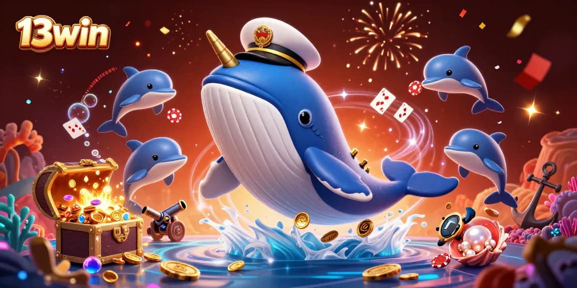 Experience the thrills at 13win with a vibrant underwater adventure featuring a whale, narwhal, and dolphins.