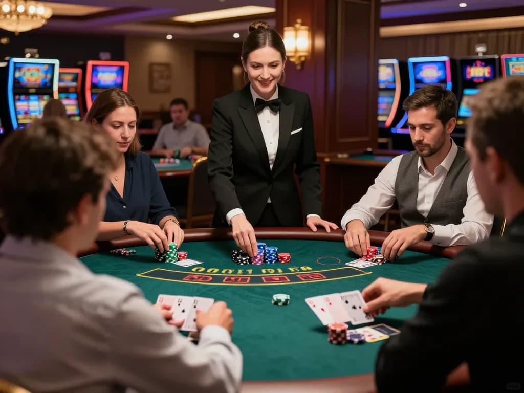 Twiin68 players engaging at a blackjack table in a luxurious casino atmosphere.