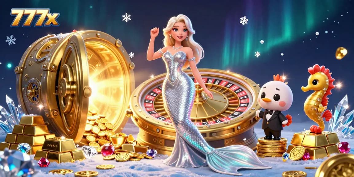 A stunning 777x casino scene featuring a mermaid beside a roulette wheel with treasure galore.