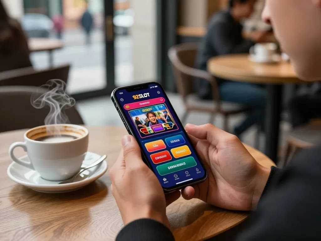 Engaging mobile betting experience on https://92slot.net/ showcased through vibrant smartphone display and café atmosphere.