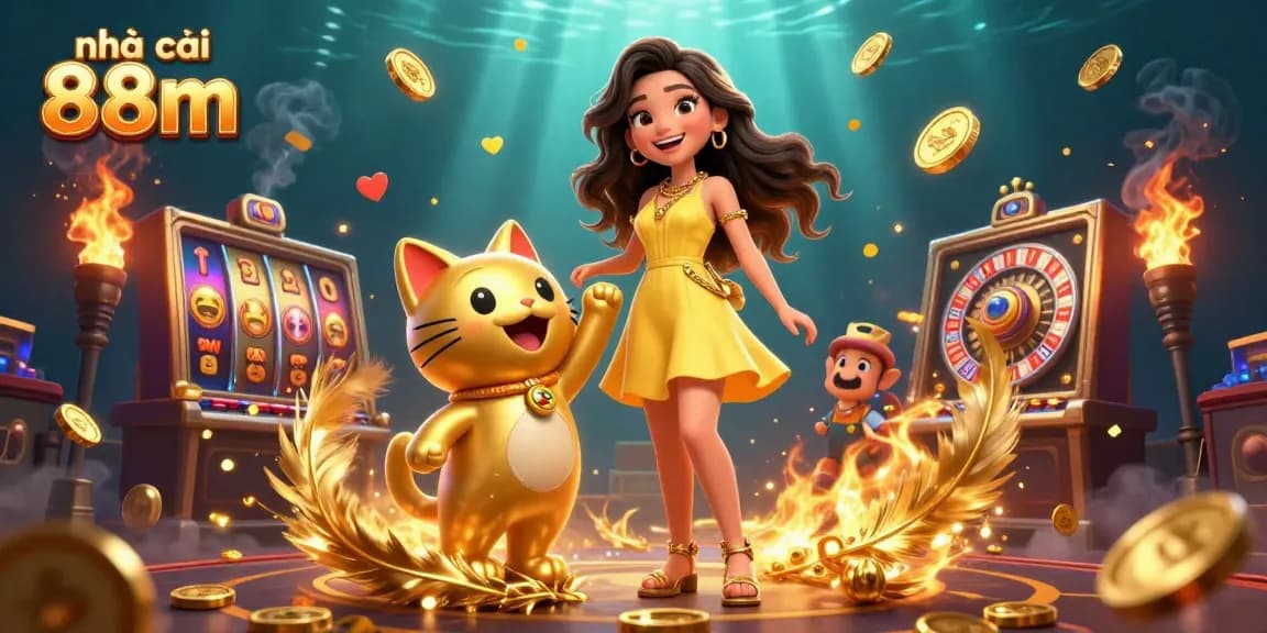 Spin and win with nhà cái 88m in a vibrant casino scene filled with golden coins and cheerful characters.