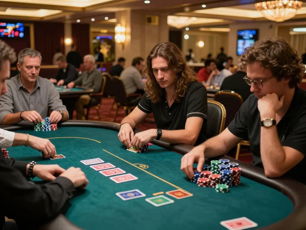 Tỷ lệ kèo nhà cái hôm nay seen as players strategize in an intense poker game, showcasing their focus and competitive spirit.