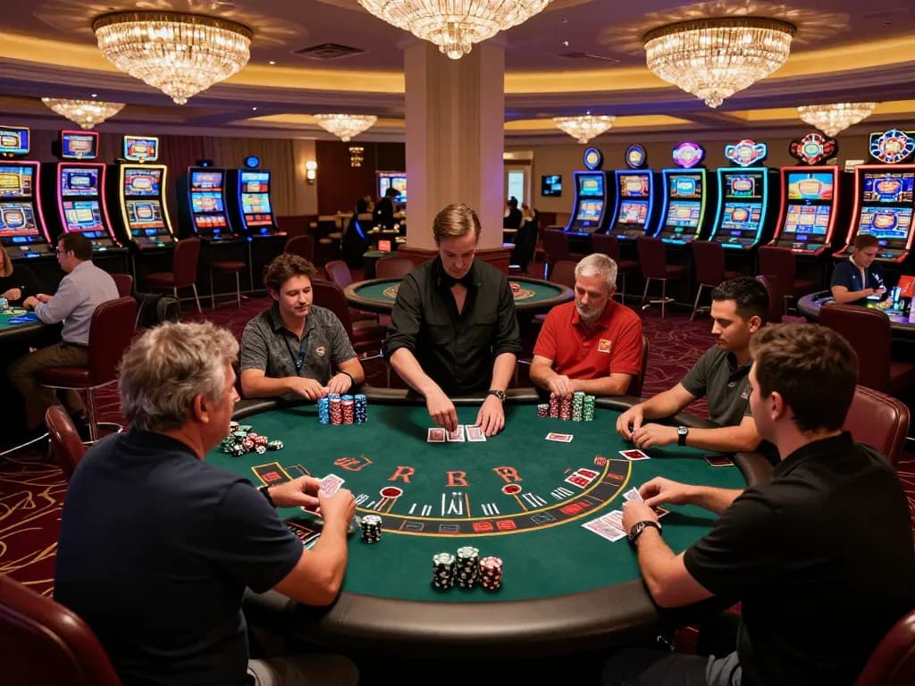 Players engaging in a thrilling blackjack game at an upscale casino, showcasing 98wincom's vibrant atmosphere.