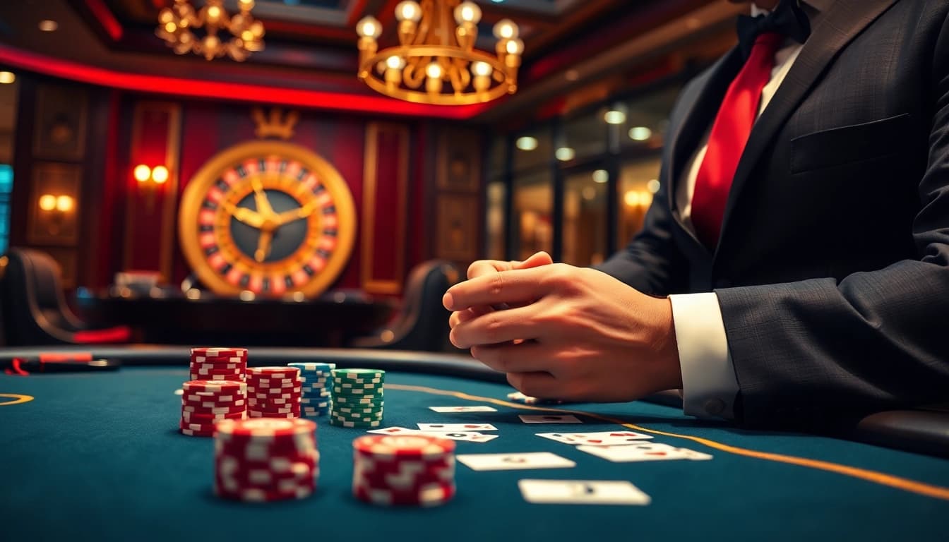 Experience the thrilling atmosphere of trang chủ 88vv with a professional poker dealer at an elegant casino table.