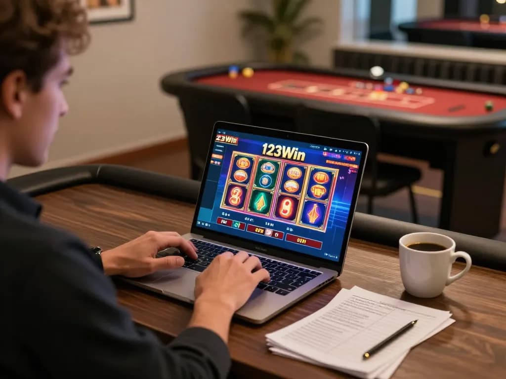 Play exciting online slots on 123Win laptop, showcasing vibrant gaming interface and cozy setup