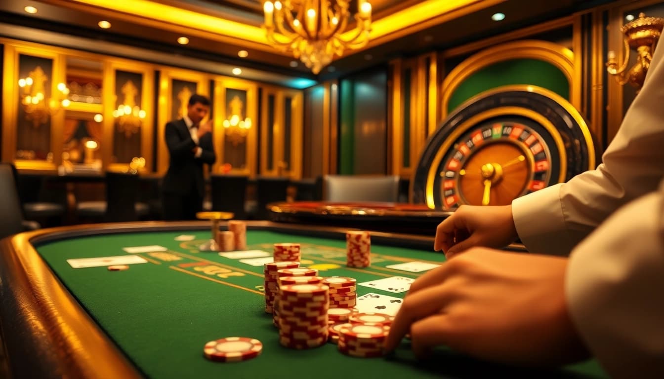 Experience the thrill of tg88 at a luxurious casino poker table filled with chips and cards.