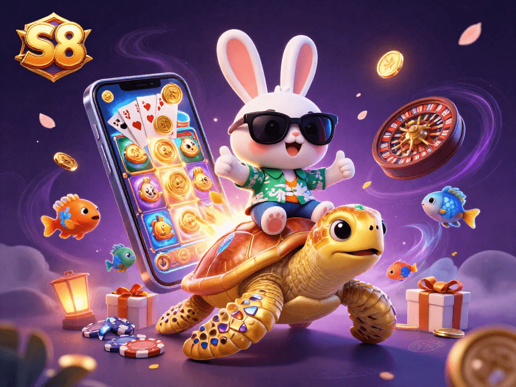S8 luck and excitement with a 3D rabbit and sea turtle in a vibrant gambling scene