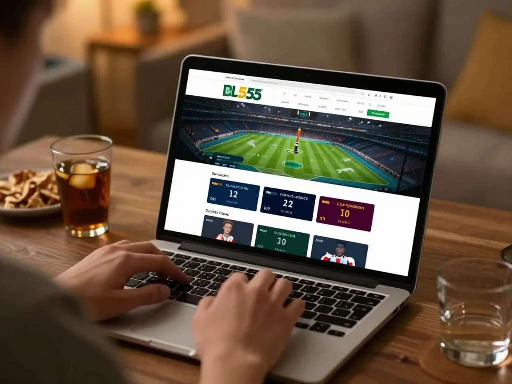 Betting on sports using BL555's platform with laptop and snacks in a cozy home setting