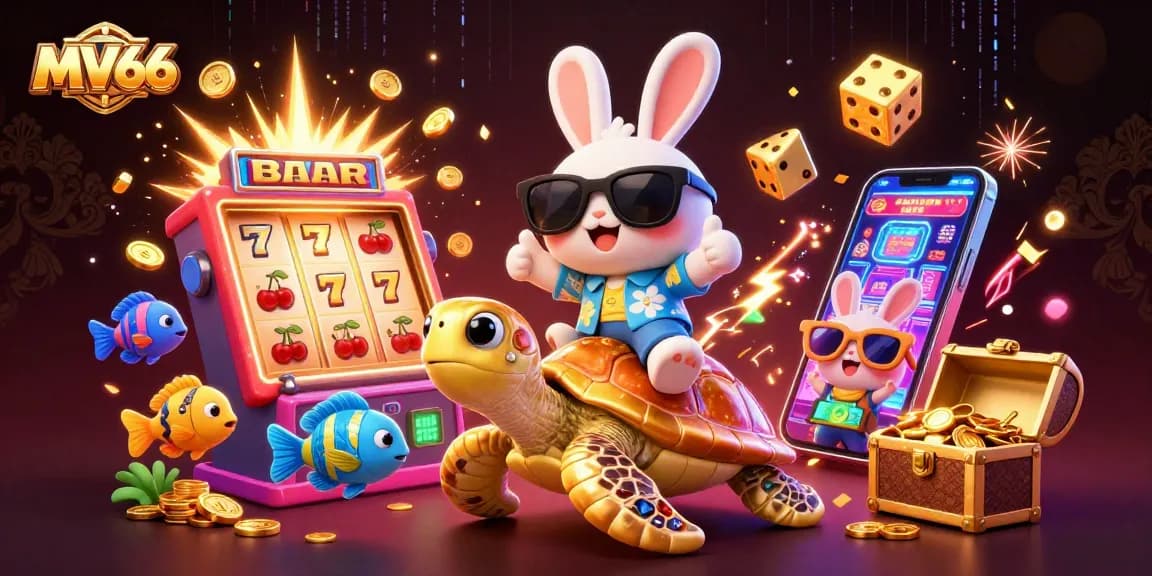 Enjoy engaging slot games with MV66 as lucky rabbit and golden turtle celebrate winnings.