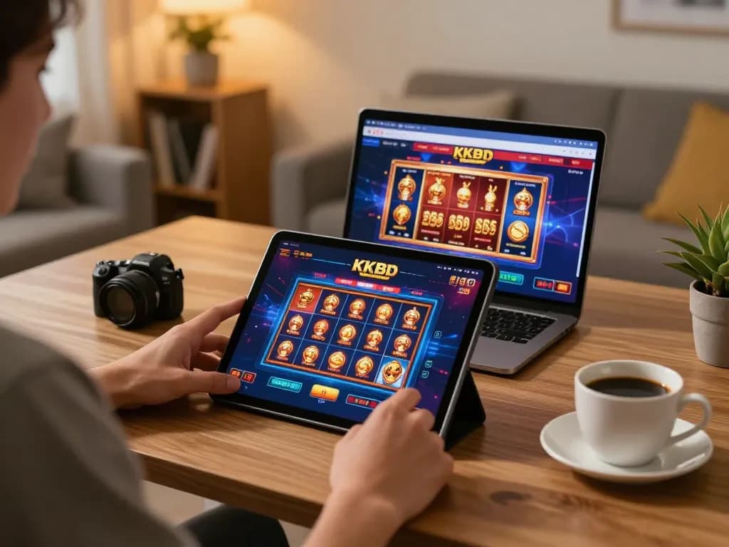 Engaging in strategic gameplay with the KKBD Bangladesh casino app on a tablet, set in a cozy home environment.