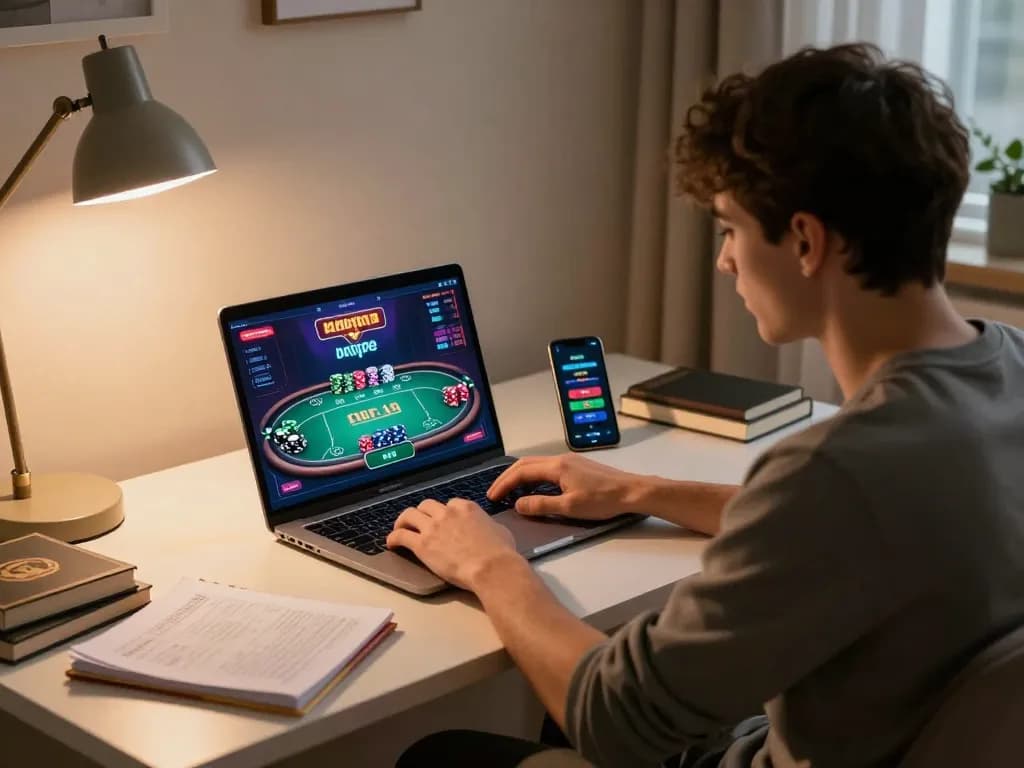 Player strategizing at home with BL555 poker game on laptop, showcasing modern online gambling.
