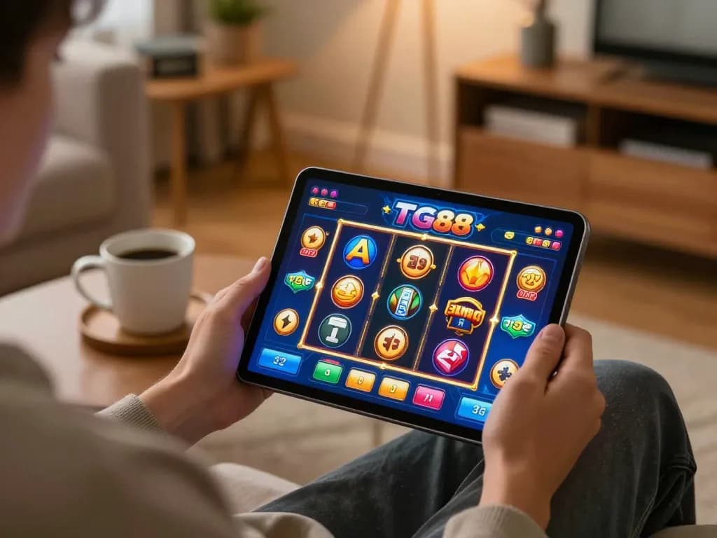 Player engaging with TG88 casino games on tablet, surrounded by a cozy home setting