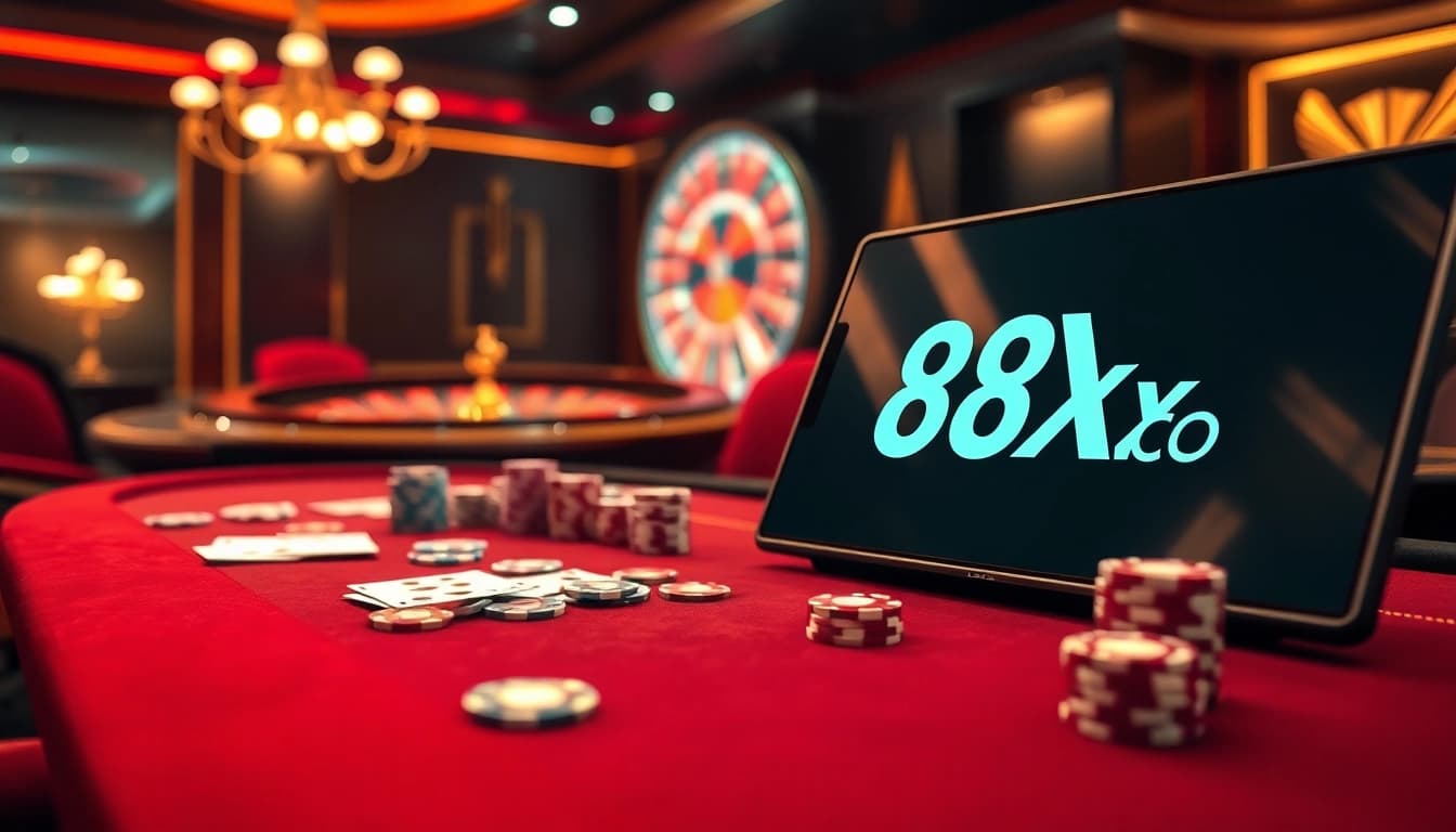 A high-stakes poker table scene featuring 88xx.co.com with luxurious chips and cards, highlighting casino excitement.