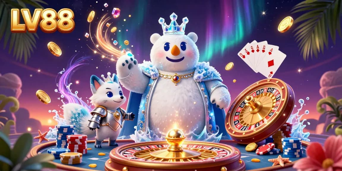 Experience the thrill of LV88 with a vibrant 3D scene featuring animated characters, playing cards, and golden gems.
