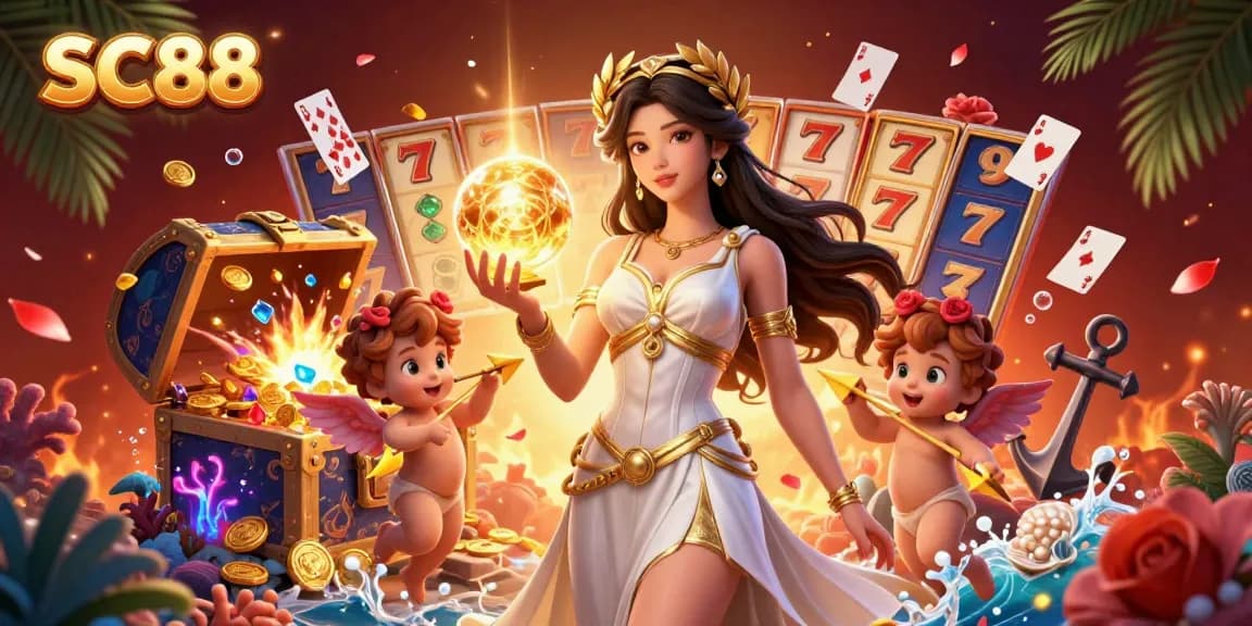 Play with SC88 at the casino, featuring a Grecian goddess surrounded by slot game excitement.
