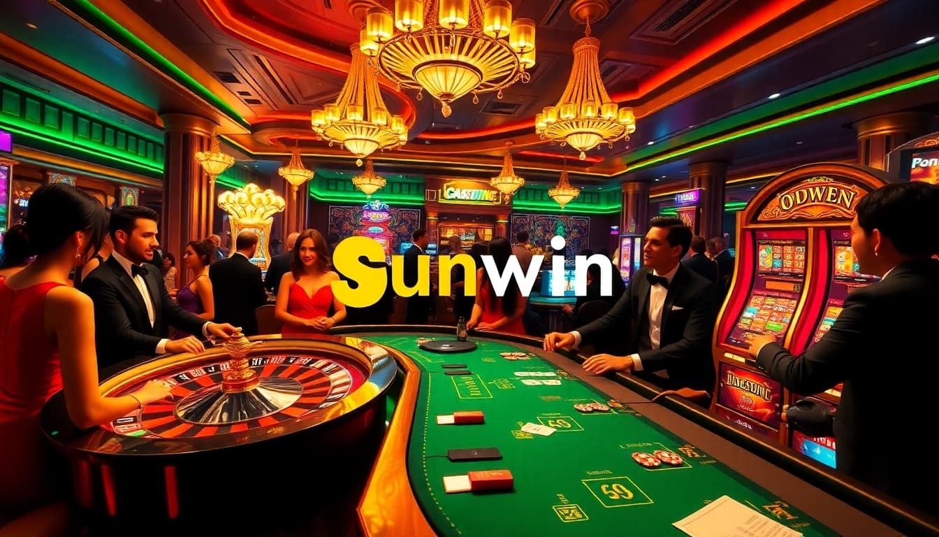 Players engaging in lively poker games at the luxurious Sunwin casino, surrounded by vibrant slot machines and betting tables.