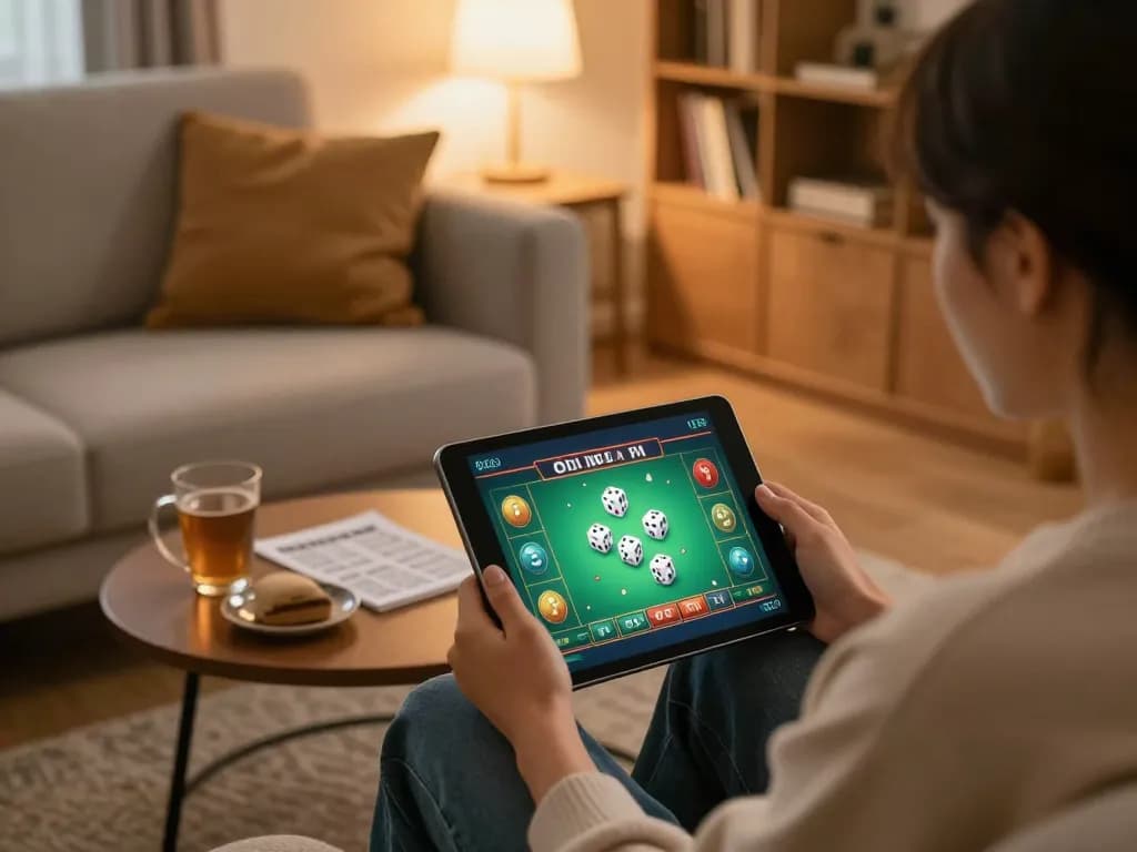 Tài Xỉu online gaming session with tablet, showing dice and betting options in cozy home setting.