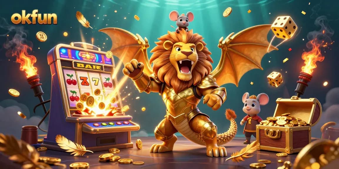 Spin jackpots with okfun's thrilling slots, featuring golden armor chimera and dynamic elements.