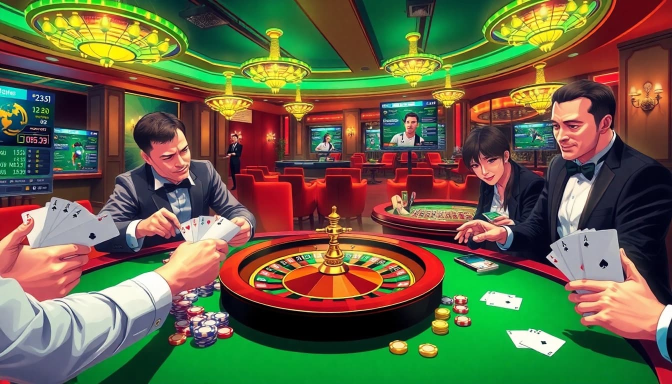 Players engage with kèo nhà cái in an elegant casino setting, highlighting thrilling betting actions.