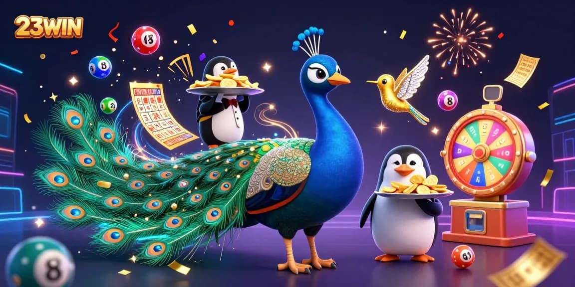 Experience dynamic gambling at 23WIN with a vibrant scene featuring a peacock, penguin, and lottery elements.