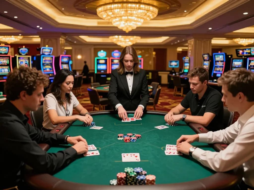 Players engaging in a high-stakes poker game at ONE88 casino, showcasing intense gameplay and vibrant atmosphere.