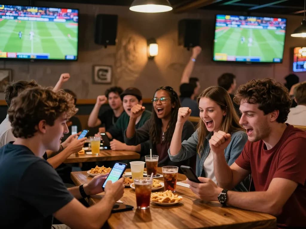 Excited sports bettors at the bar using https://tip88.locker/ to place wagers during live games.