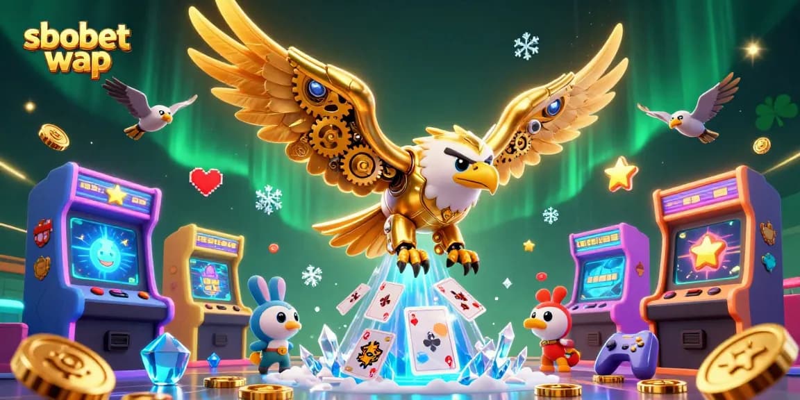Experience sbobet wap mobile betting with a dynamic scene featuring cybernetic eagle and gaming elements.