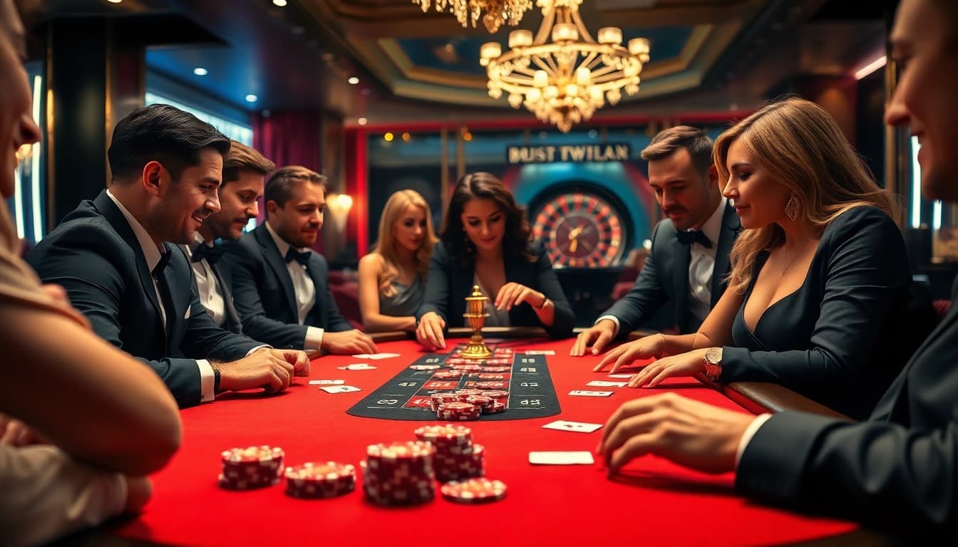 Players enjoying a thrilling poker game at 68win casino table with vibrant ambiance.