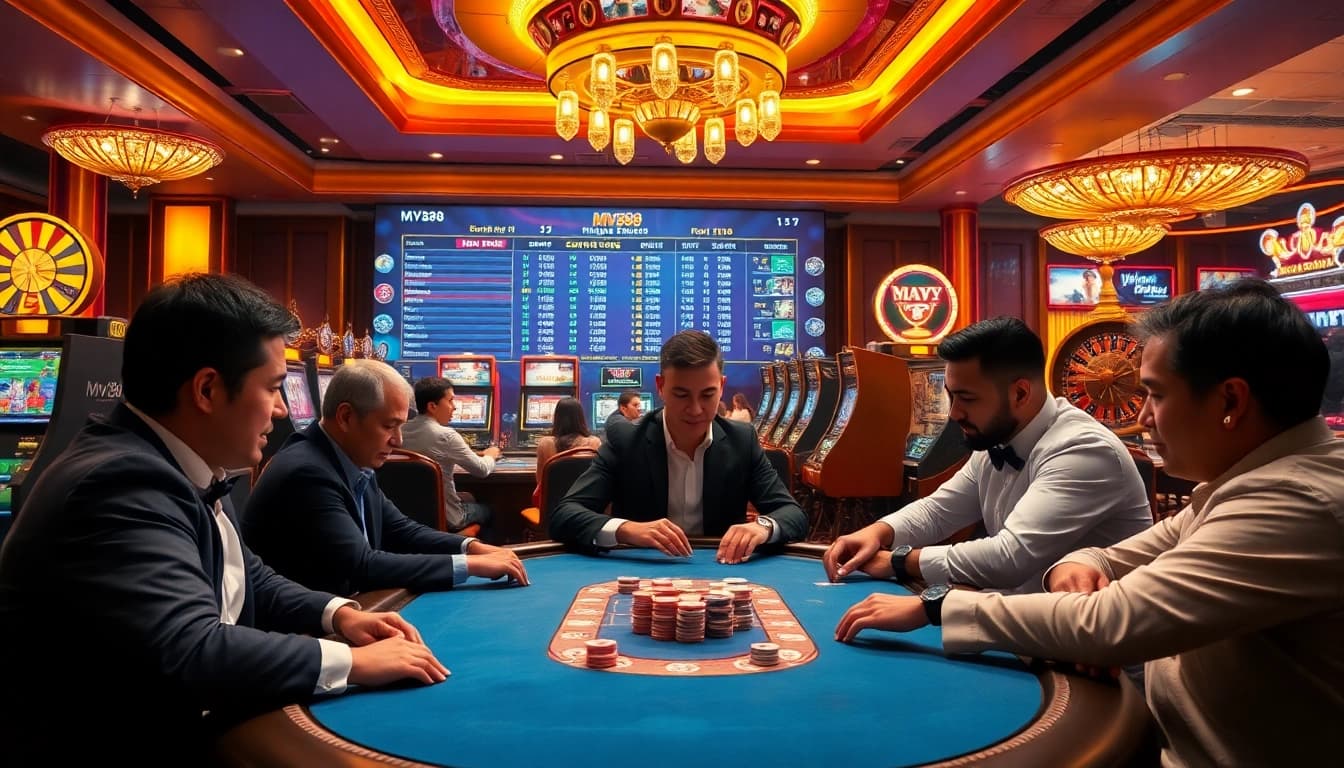 Players enjoying a thrilling poker game and casinos elements, highlighting MV88's exciting gambling atmosphere.