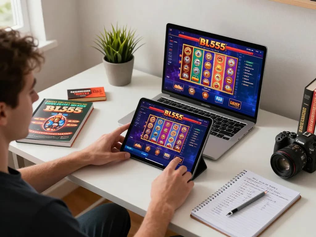 Player engaging in online gaming at BL555 with a tablet and strategy notes around