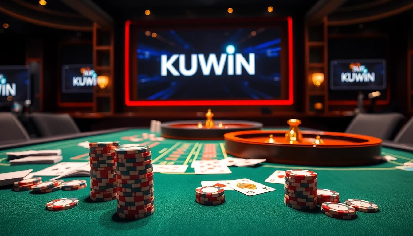 Experience thrilling betting at KUWIN with a vibrant casino atmosphere featuring poker chips and cards.