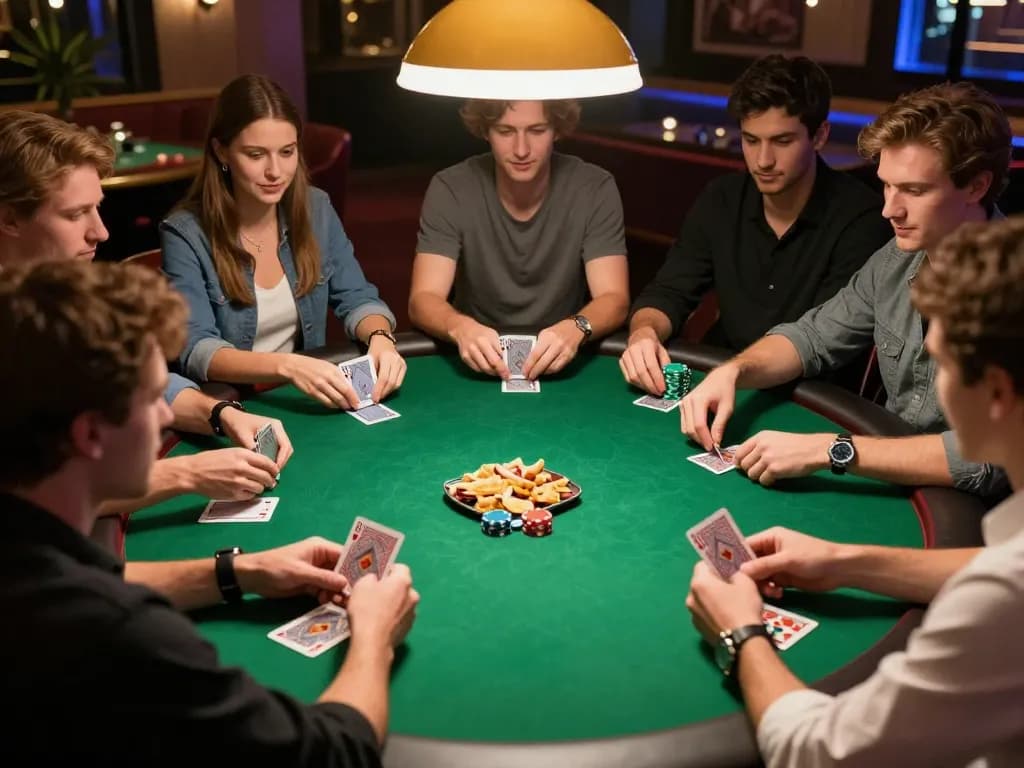 Players enjoying a poker game night at home with chips and cards, luck8biz atmosphere friendly competition.