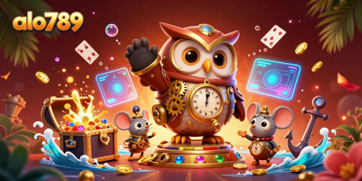 Experience thrilling gambling fun at alo789 with an enchanting steampunk owl and lavish casino elements.