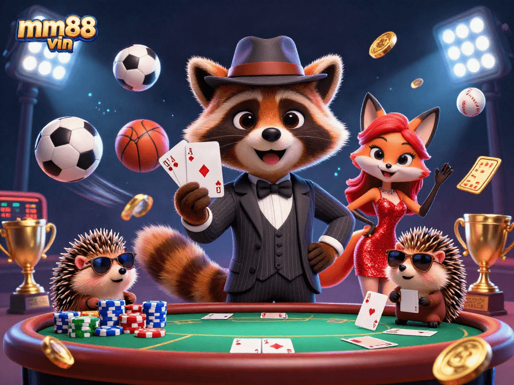 Betting big with mm88 vin: Raccoon holding a royal flush at a vibrant casino scene.