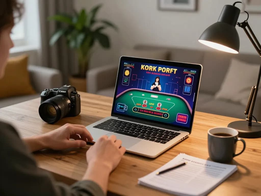 Engaging in a live blackjack game on laptop with fly888 software in cozy home office setting.
