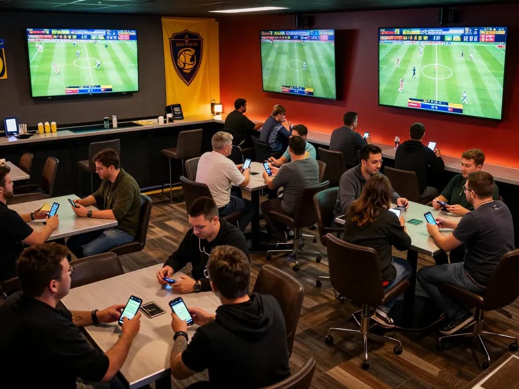 Net88 bettors enjoying real-time action on their mobile devices in a lively sports betting lounge.