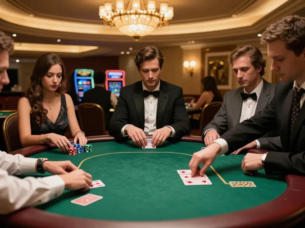 Players enjoying a high-stakes poker game at a luxury casino, showcasing intense gameplay and vibrant ok365 atmosphere