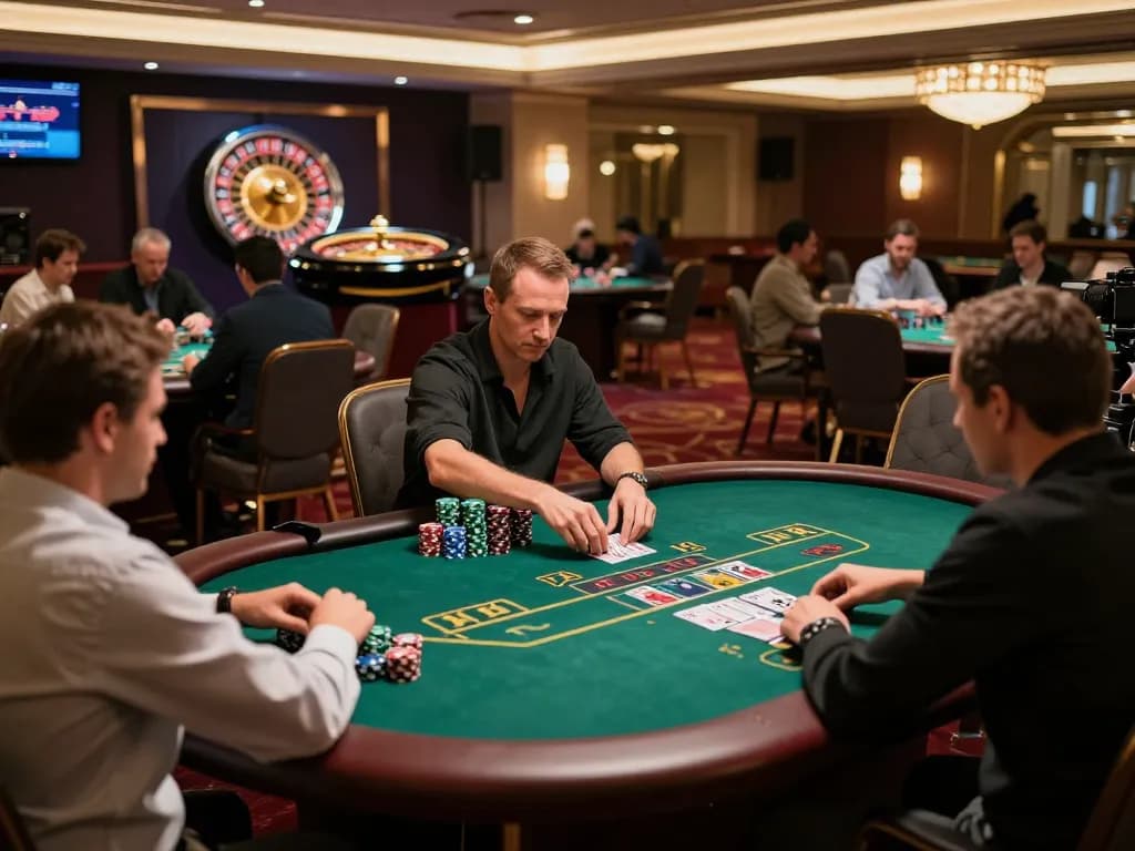 Engaged players competing at poker tables in a luxury casino, showcasing tablepremierr gaming strategies in action.