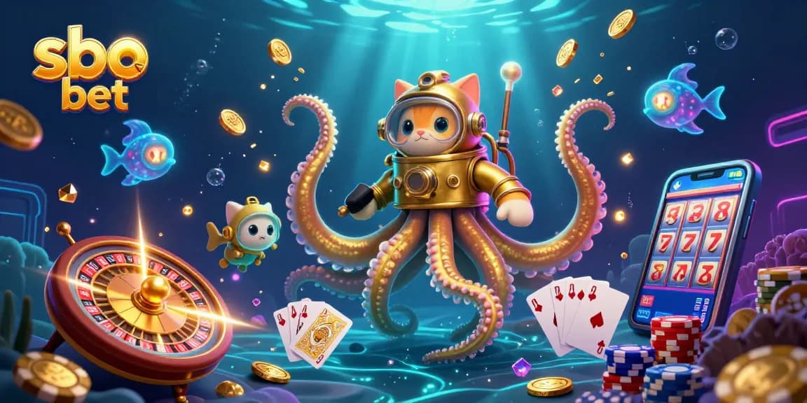 Experience the thrill of sbo bet with a vibrant illustration of a kraken, diving cat, and treasures.