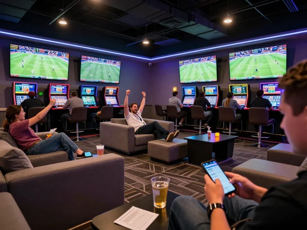 Successfully placing a sports bet using the Bsport app amid a lively betting lounge atmosphere.