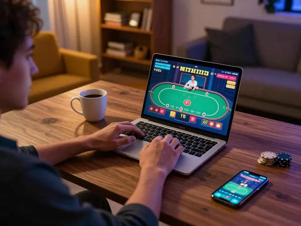 Player engaging in strategic online tg88 casino gameplay at home, warm ambient lighting adds to the cozy atmosphere.