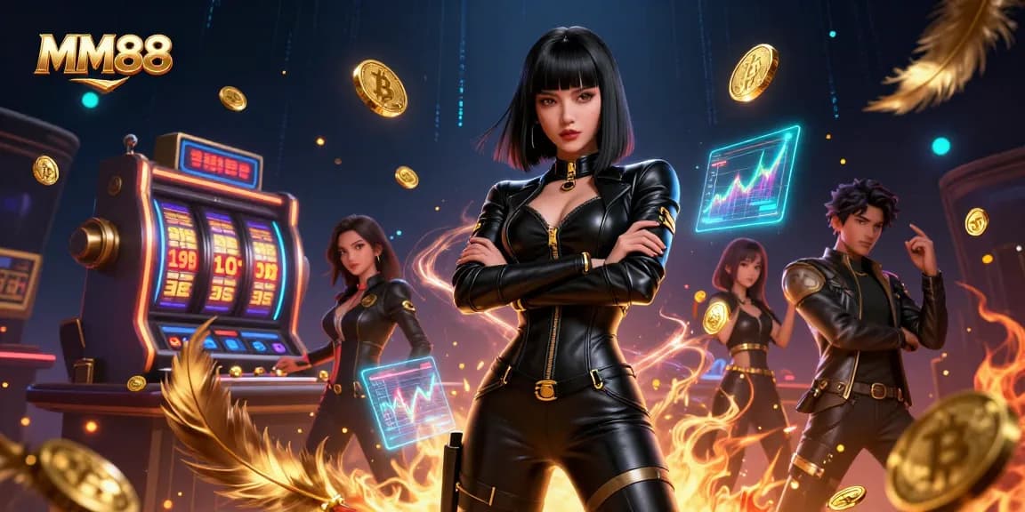 Bet and win at MM88 with a stunning Asian woman in a futuristic casino setting surrounded by jackpots and gold coins.