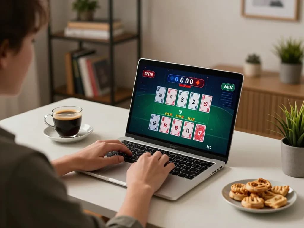 va88 player engaged in live dealer blackjack at cozy home office with snacks and coffee