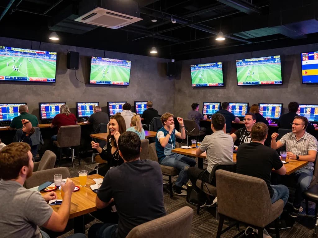 Exciting sports betting atmosphere featuring kèo nhà cái odds displayed on screens