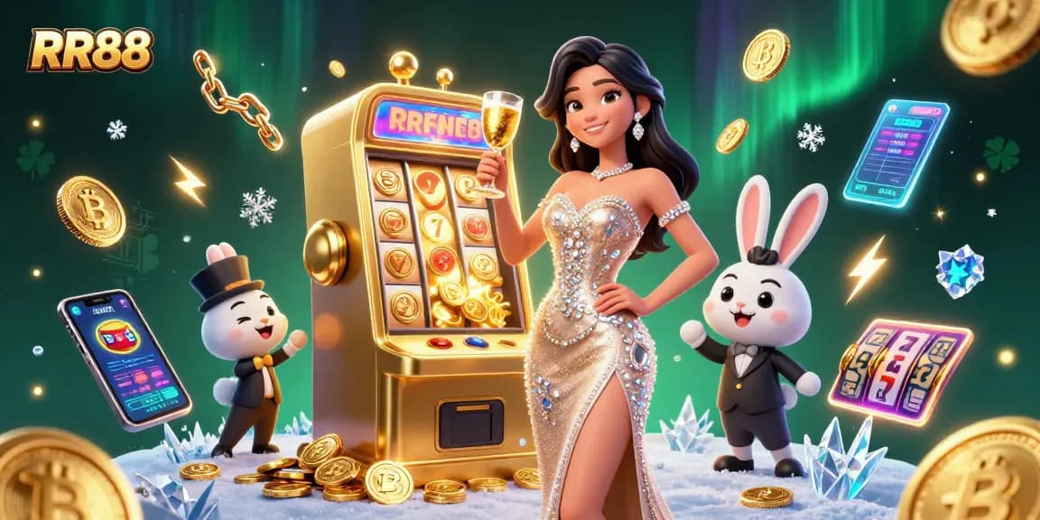Win big at RR88 with stunning visuals of a jackpot slot machine and a celebratory character.