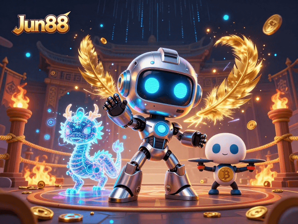 Jun88 engaging online gamblers in a vibrant, dynamic casino scene with high-tech elements.