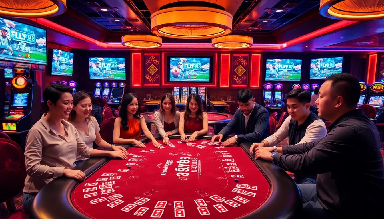 FLY88 gamers thrillingly place bets at a vibrant gambling table with shining slot machines and professional dealer.
