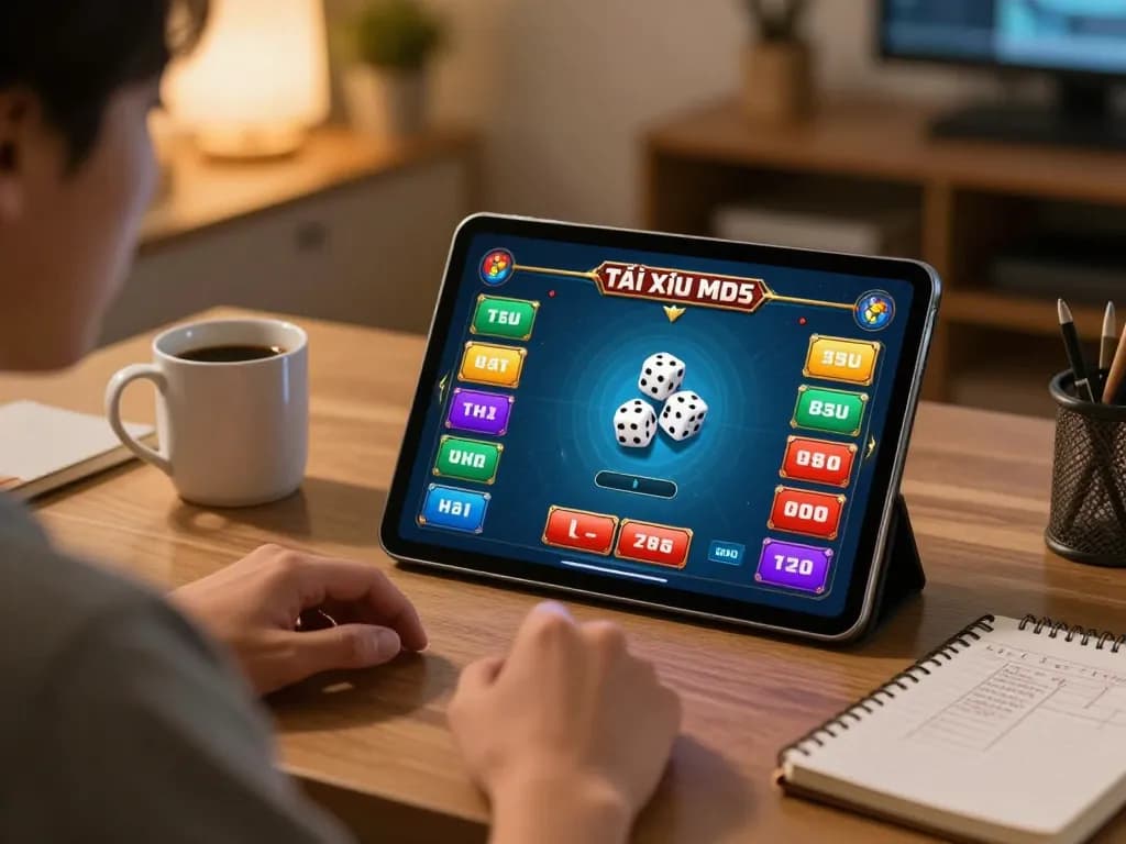 Tài Xỉu MD58 gameplay on a tablet in a cozy home office, showcasing strategy notes and gaming interface for engaging entertainment.