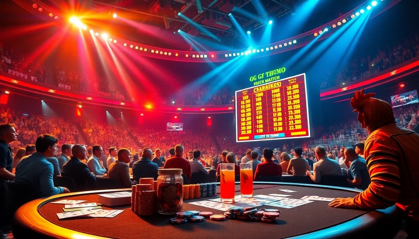Experience the excitement of ĐÁ GÀ THOMO matches in a luxurious betting arena with vibrant spectators.